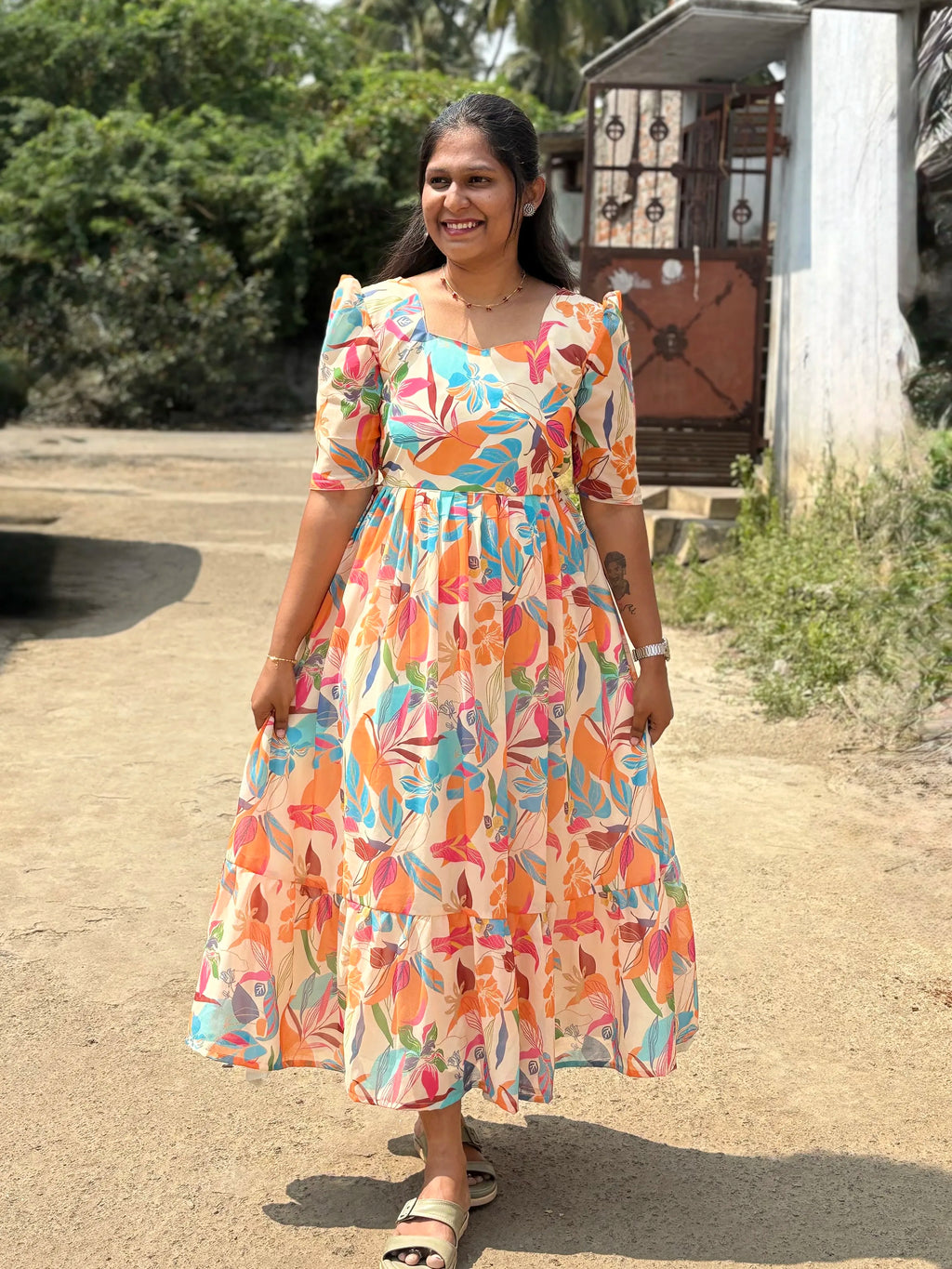 Peach Floral Georgete Maxi
